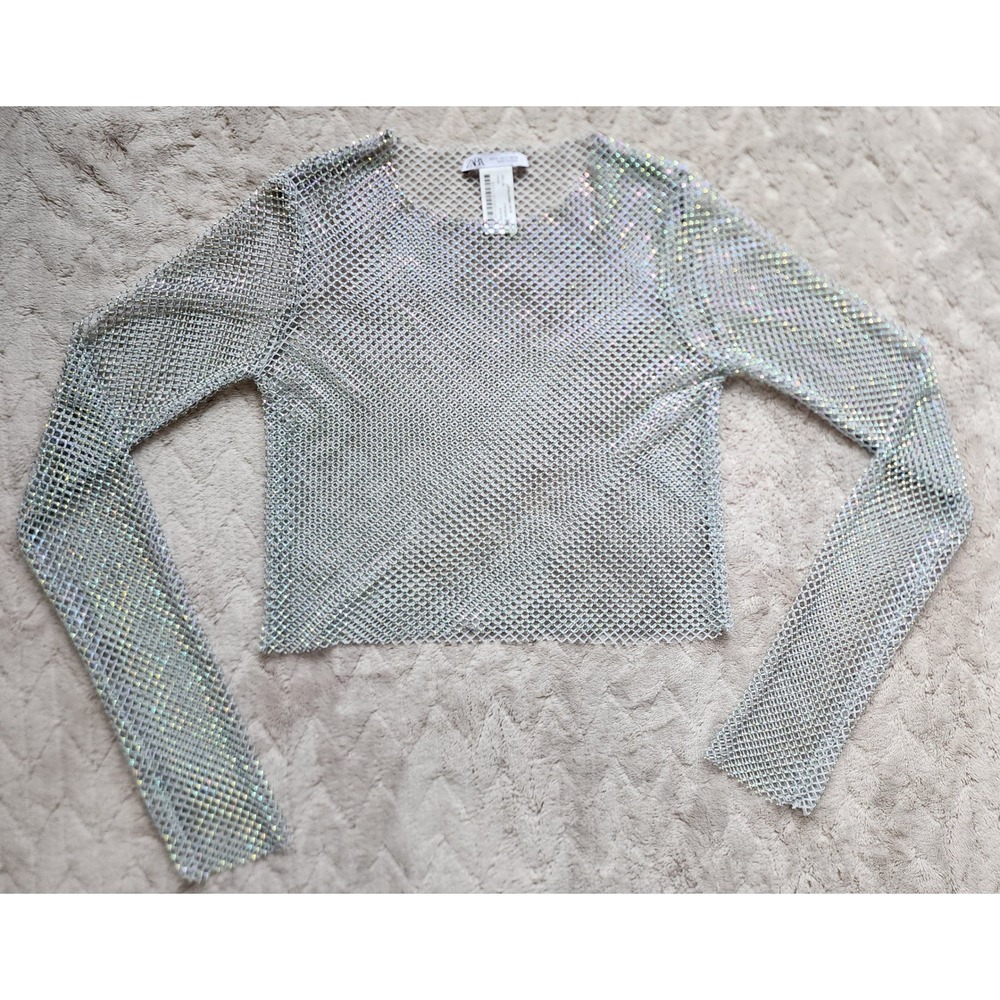 Zara Rhinestone Mesh Long Sleeve Crop Top Silver Iridescent Crystal Small